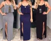 Vestido Longo com Babado e Fenda